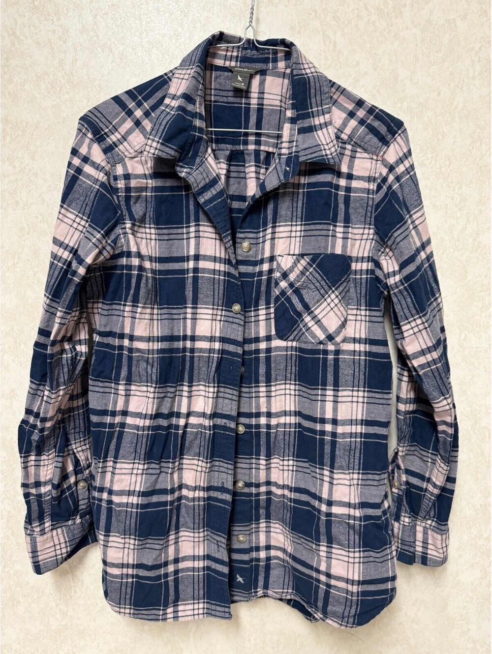 Eddie Bauer Women's Plaid Button Down Shirt Navy Pink Size M